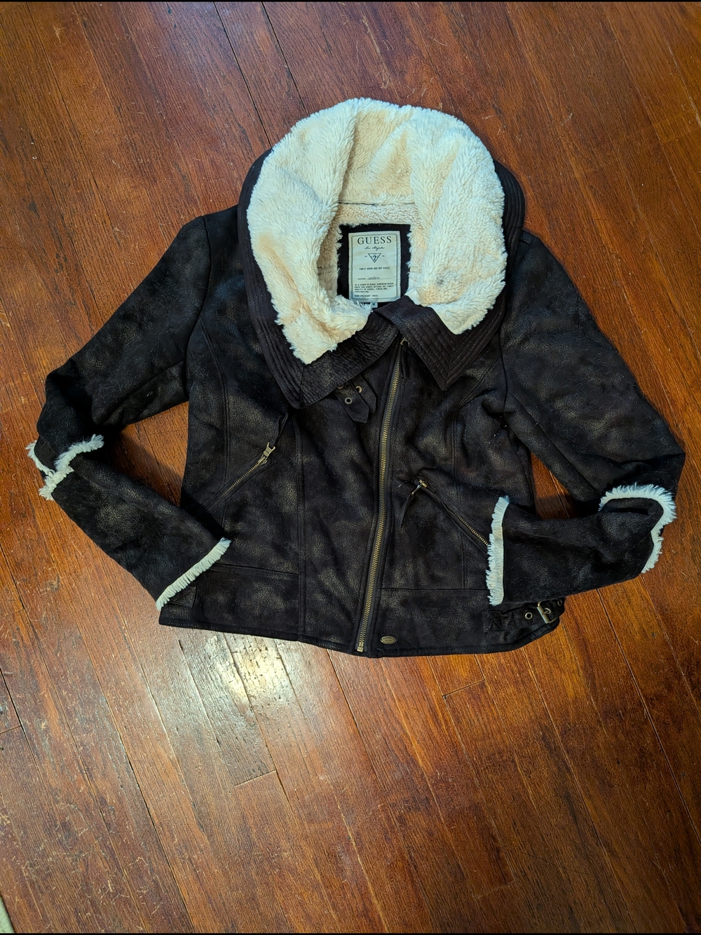 GUESS Brown Faux-Suede Shearling Moto Jacket with Cream Lining